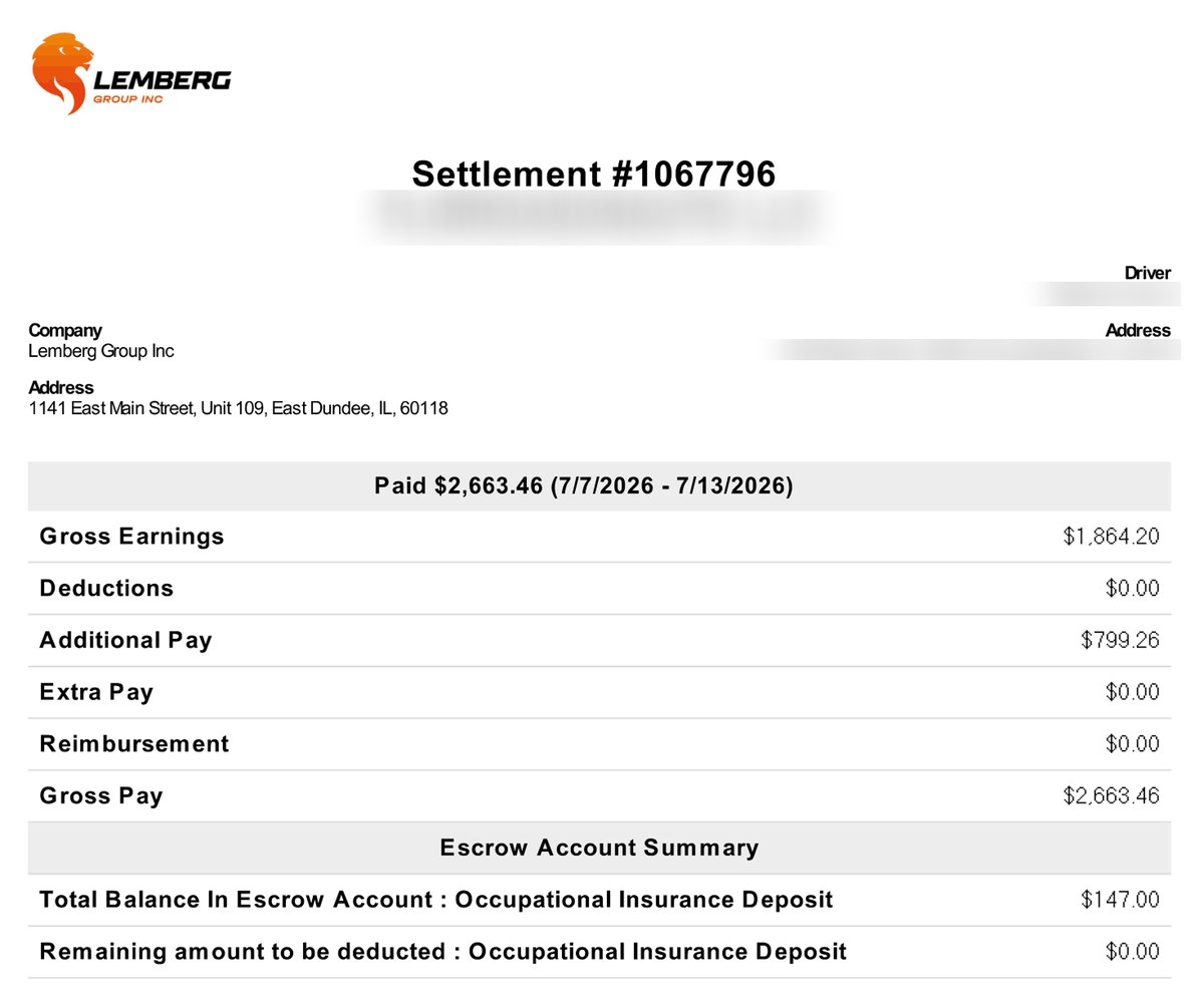 Lemberg Group settlement #1067796, paid $2,663.46 for July 7–13, 2026