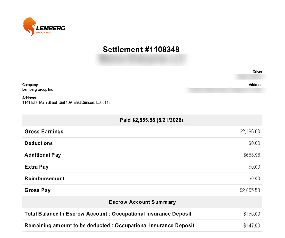 Lemberg Group settlement #1108348, paid $2,855.58 for August 11–17, 2026
