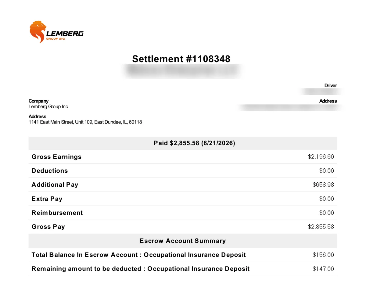 Lemberg Group settlement #1108348, paid $2,855.58 for August 11–17, 2026