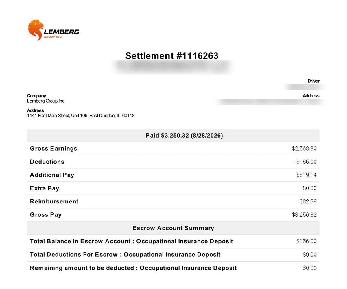 Lemberg Group settlement #1116263, paid $3,250.32 for August 18–24, 2026