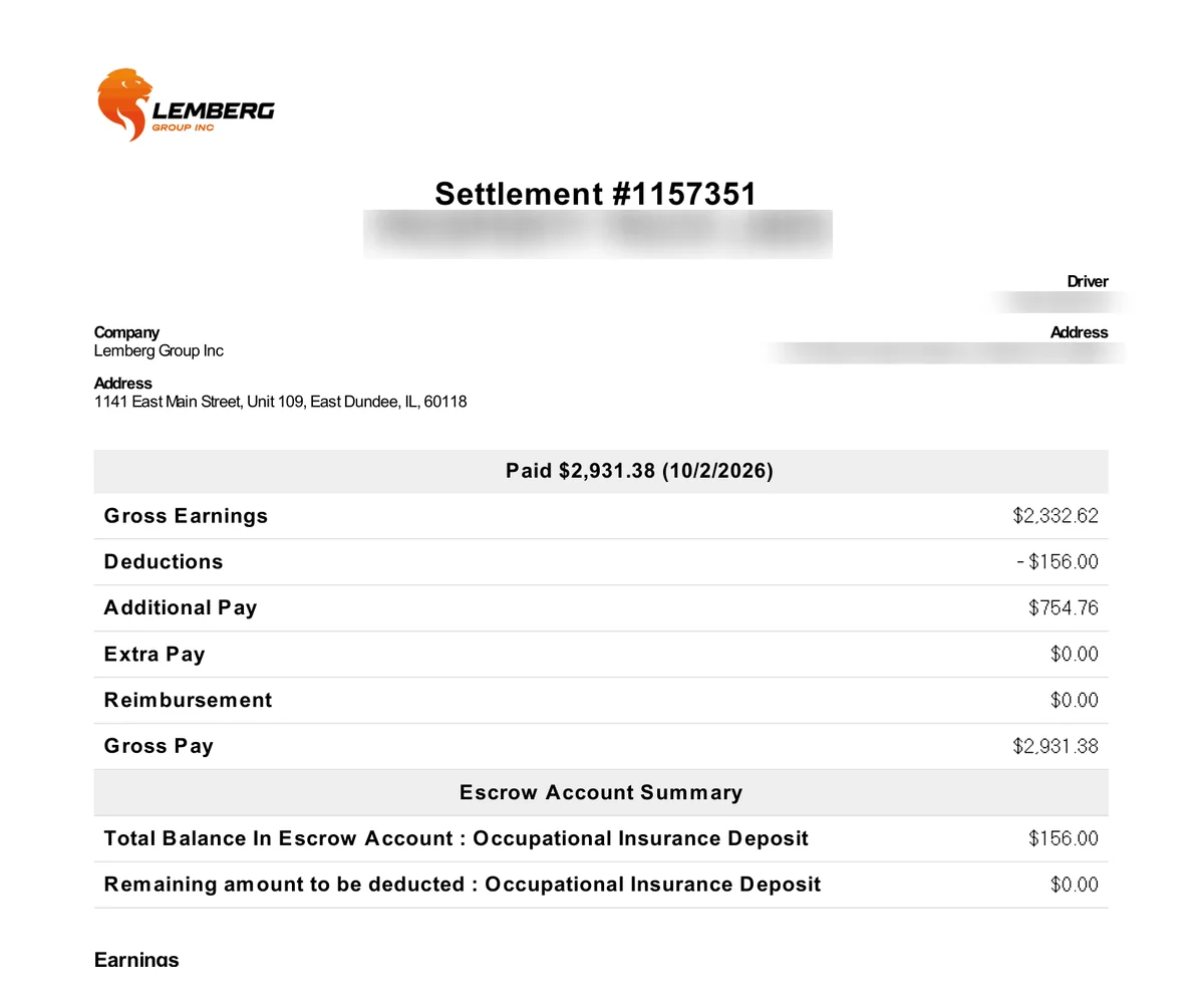 Lemberg Group settlement #1157351, paid $2,931.38 for September 22–28, 2026