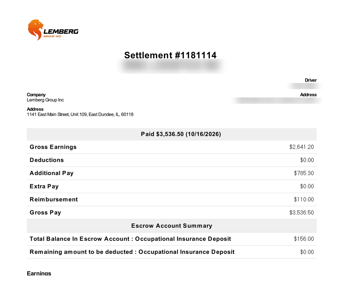 Lemberg Group settlement #1181114, paid $3,536.50 for October 6–12, 2026