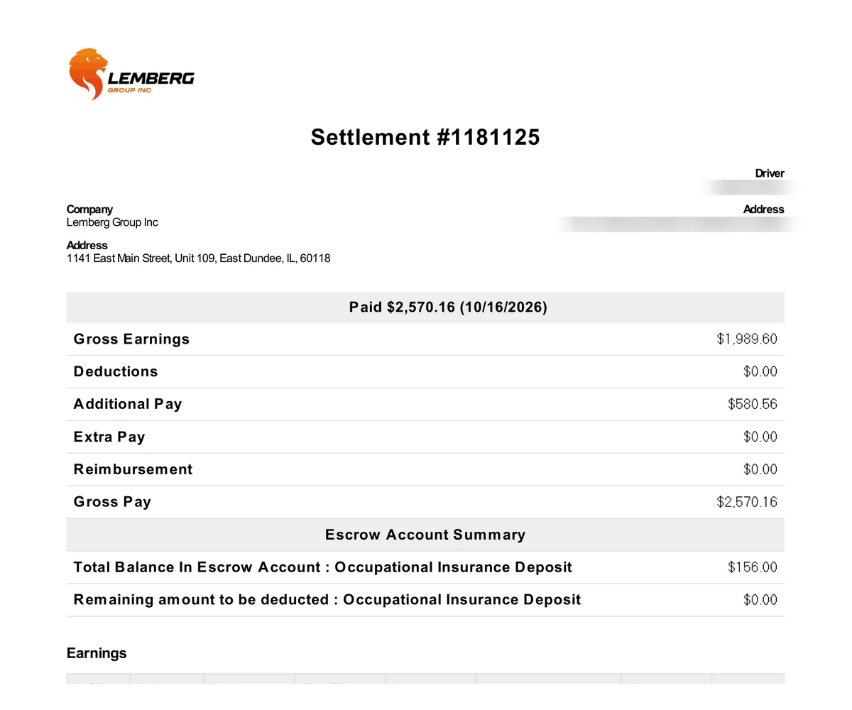 Lemberg Group settlement #1181125, paid $2,570.16 for October 6–12, 2026