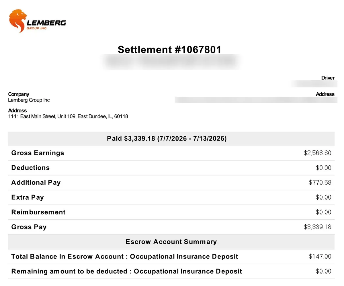 Lemberg Group settlement #1067801, paid $3,339.18 for July 7–13, 2026