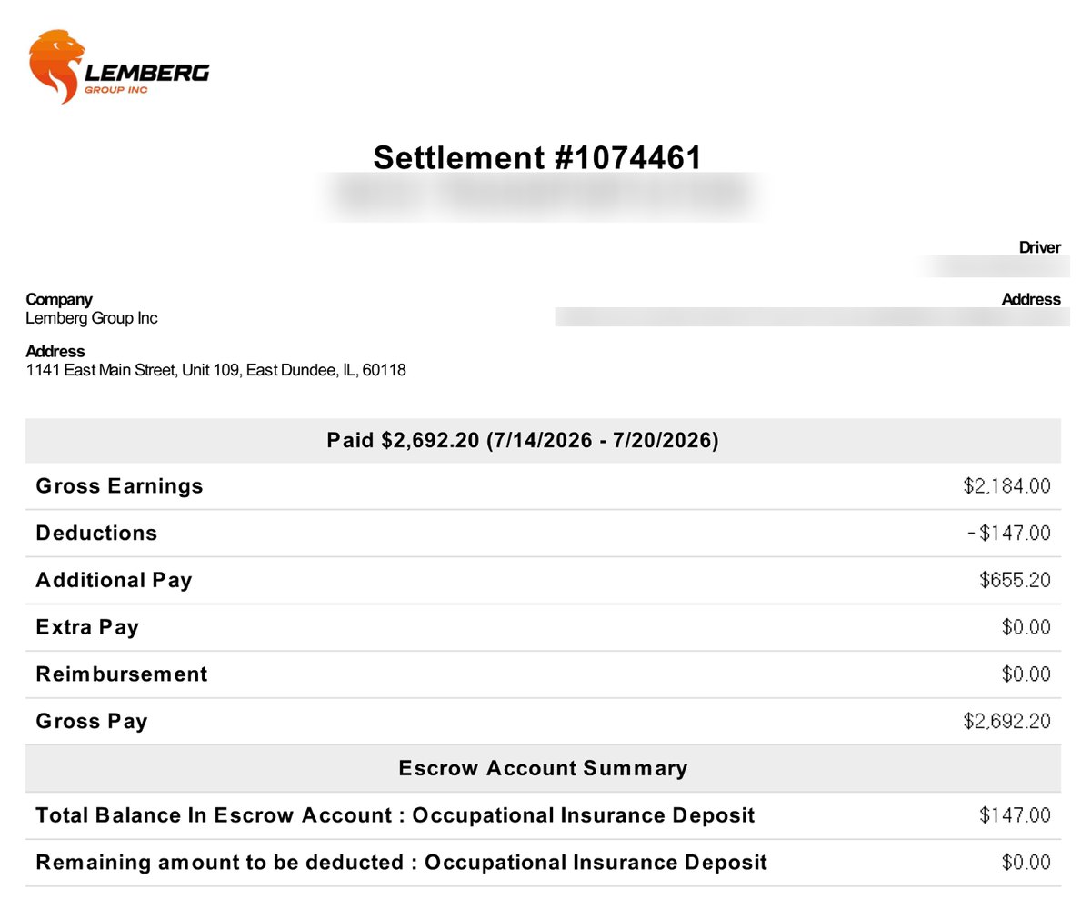Lemberg Group settlement #1074461, paid $2,692.20 for July 14–20, 2026